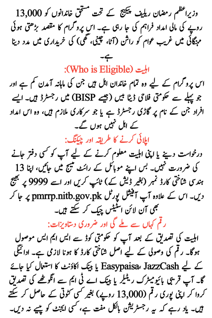 PM Ramzan Relief Package Payment Method